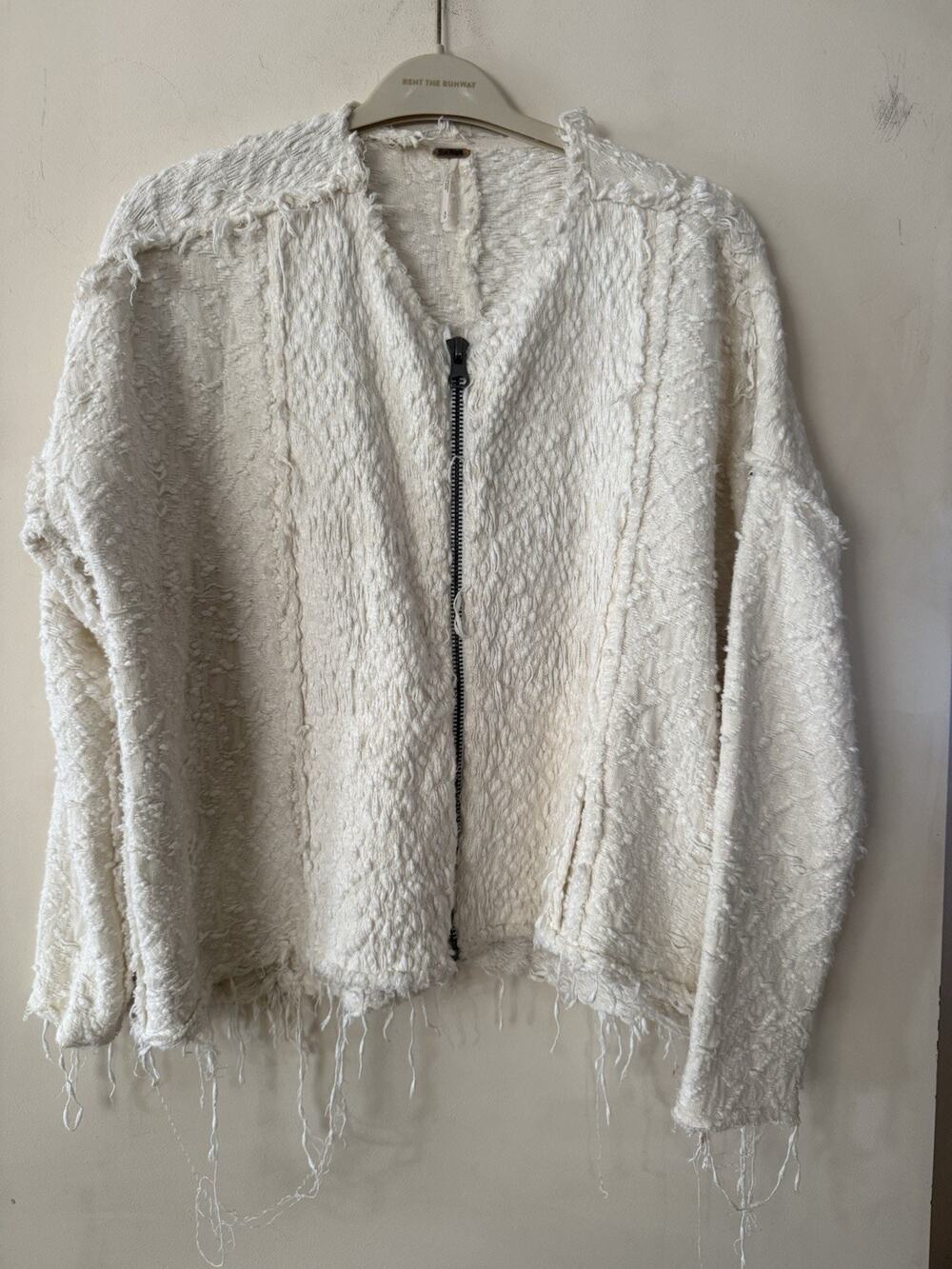 Free People Womens Sz Small Cozy Cream Textured Fringe Zip Up Sweater Jacket EUC
